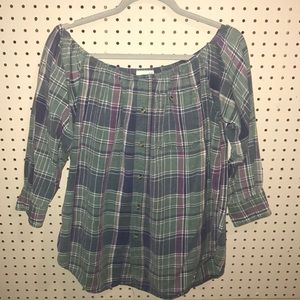 Off the shoulder plaid long sleeve shirt